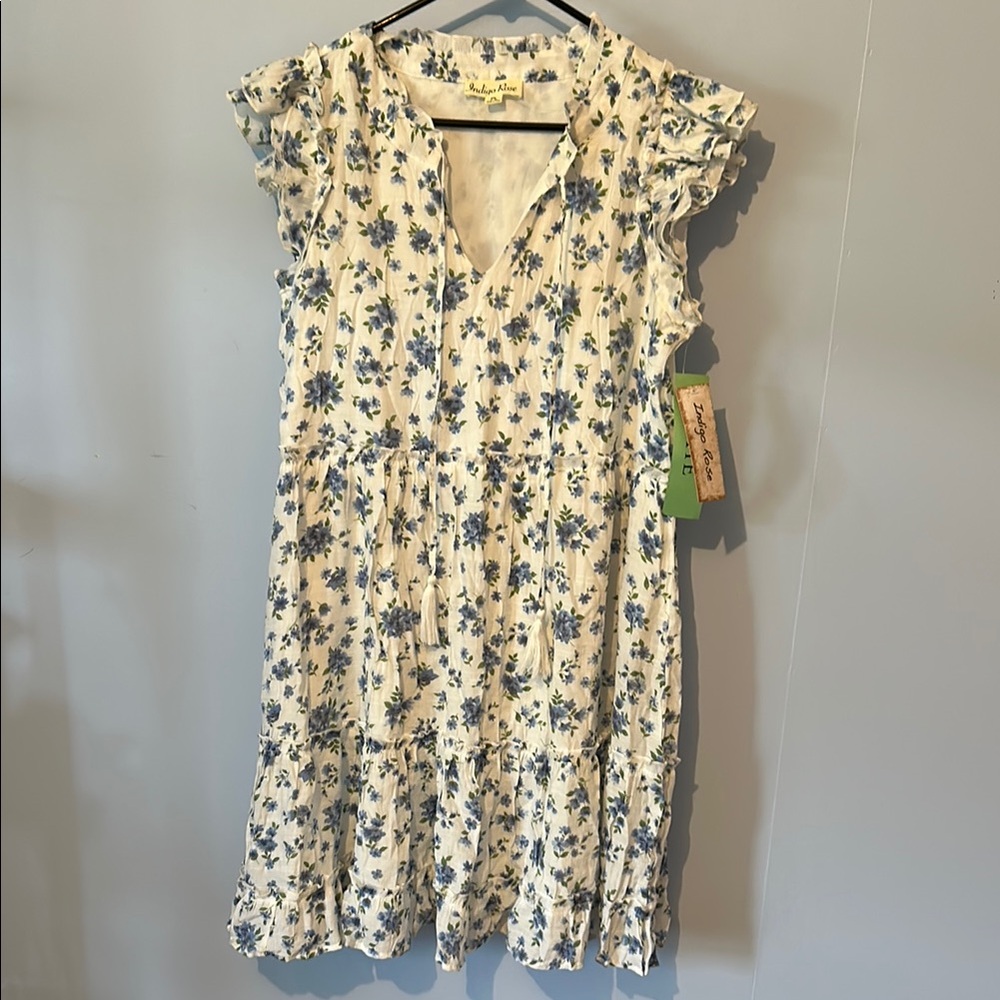 Indigo Rose Floral Ruffle Sleeve Dress